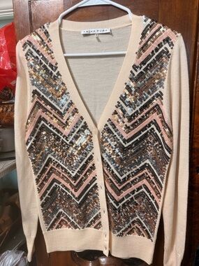 Trina Turk Sweater Womens Medium Beige Sequin Chevron Cardigan 100% Merino Wool